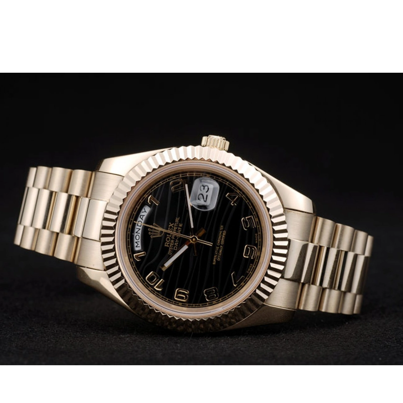 Aaa replica watch DayDate Rolex 41998 Gold Dial Steel Stainless Bezel Black Ribbed Swiss 1029